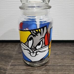 Vintage Looney Tunes Anchor Hocking Glass with Lid 1999 Bugs, Daffy & Taz